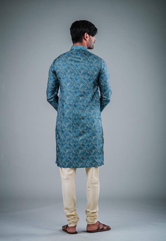 Men's Teal Solid Tunic Cotton Kurta Pajama Set