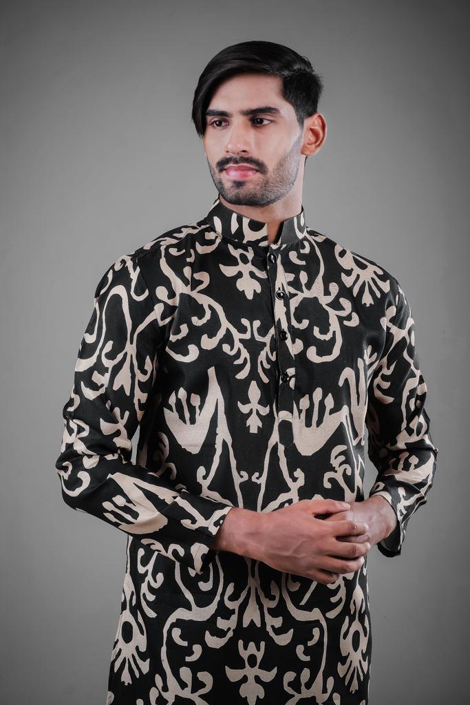 Men's Black Solid Tunic Cotton Kurta Pajama Set