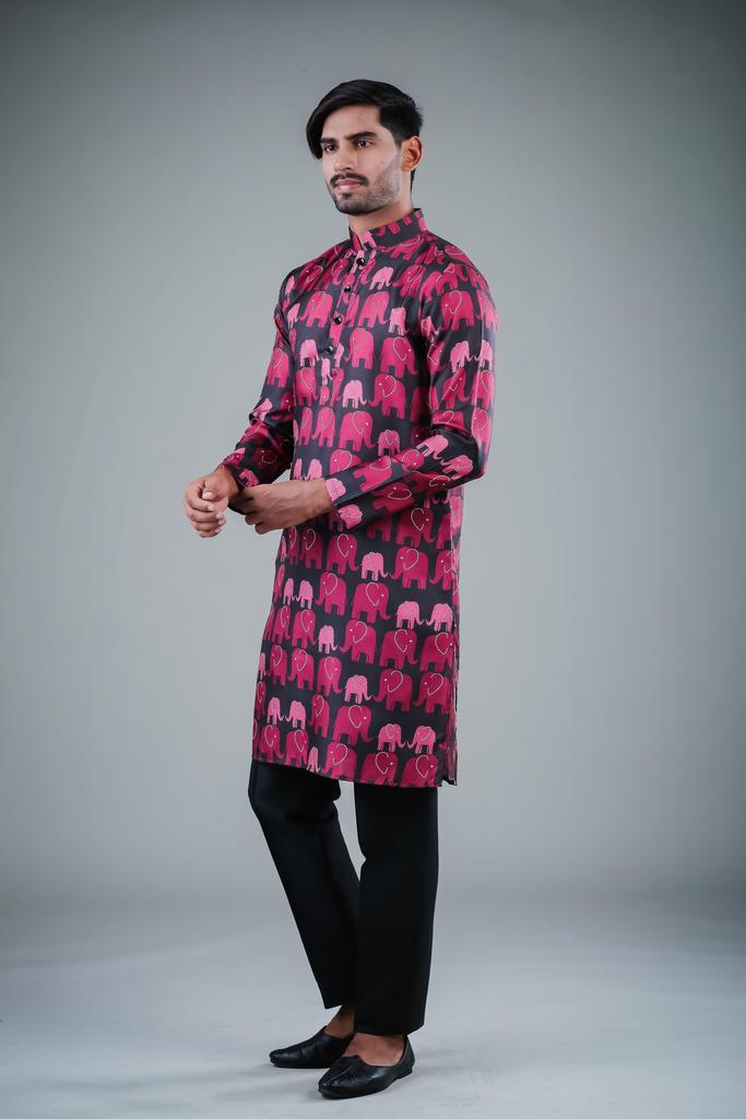 Men's Black Satin Cotton Solid Kurta Pajama Set