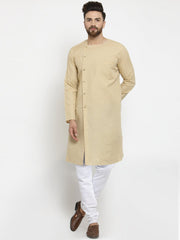 Ensemble pyjama Kurta en coton beige avec tunique à boutons latéraux pour homme