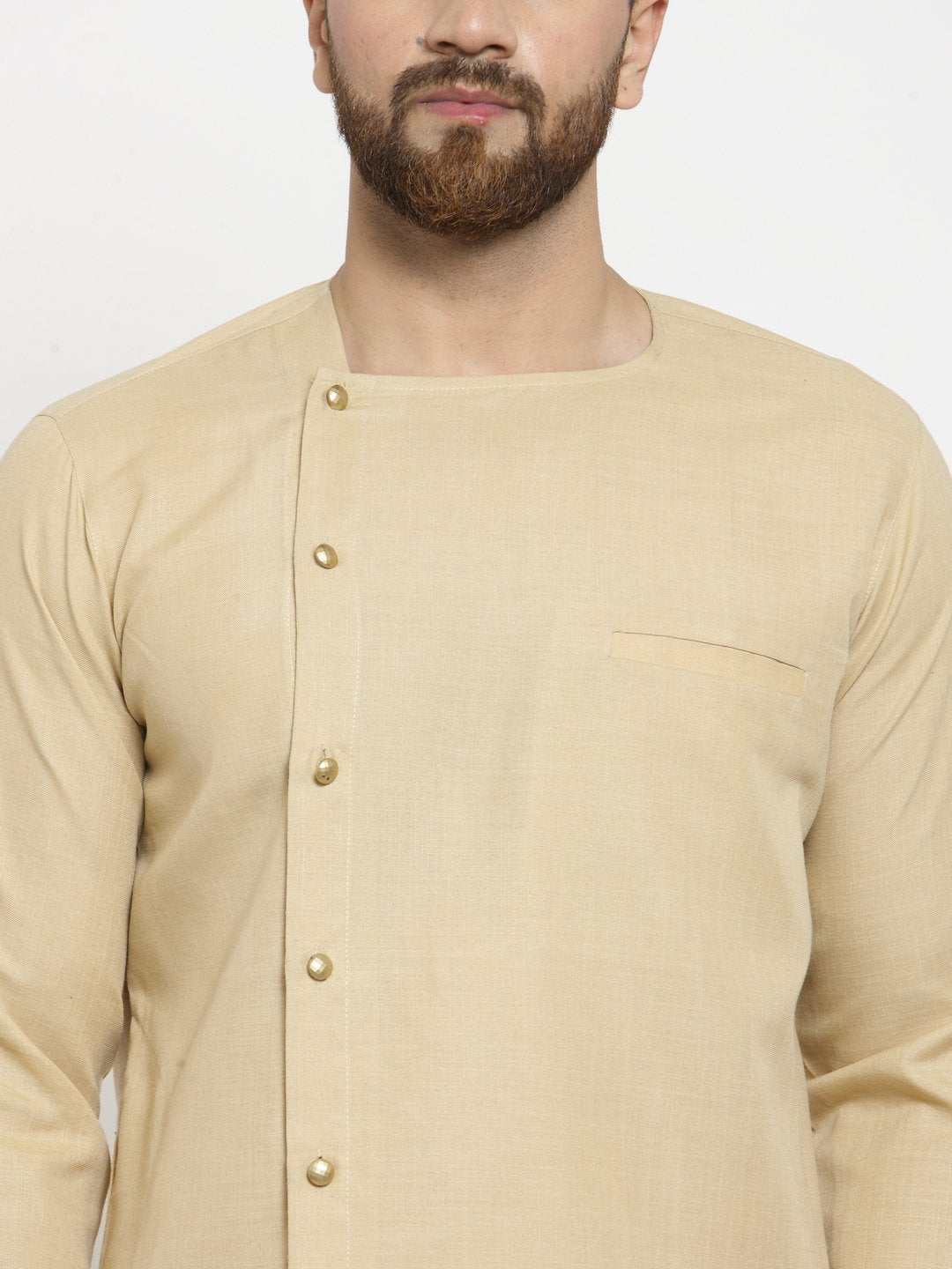 Ensemble pyjama Kurta en coton beige avec tunique à boutons latéraux pour homme