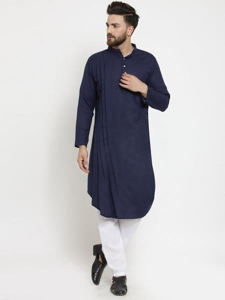 Men's Navy Blue Solid Cotton Kurta Pajama Set