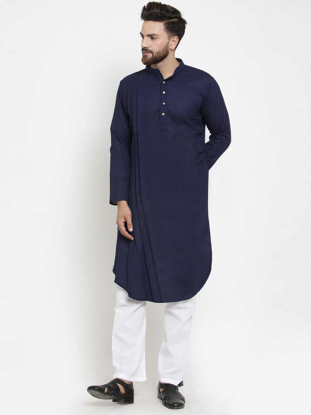 Men's Navy Blue Solid Cotton Kurta Pajama Set