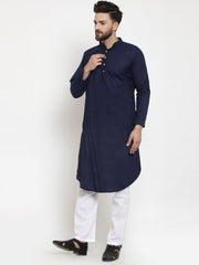 Men's Navy Blue Solid Cotton Kurta Pajama Set