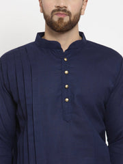 Men's Navy Blue Solid Cotton Kurta Pajama Set