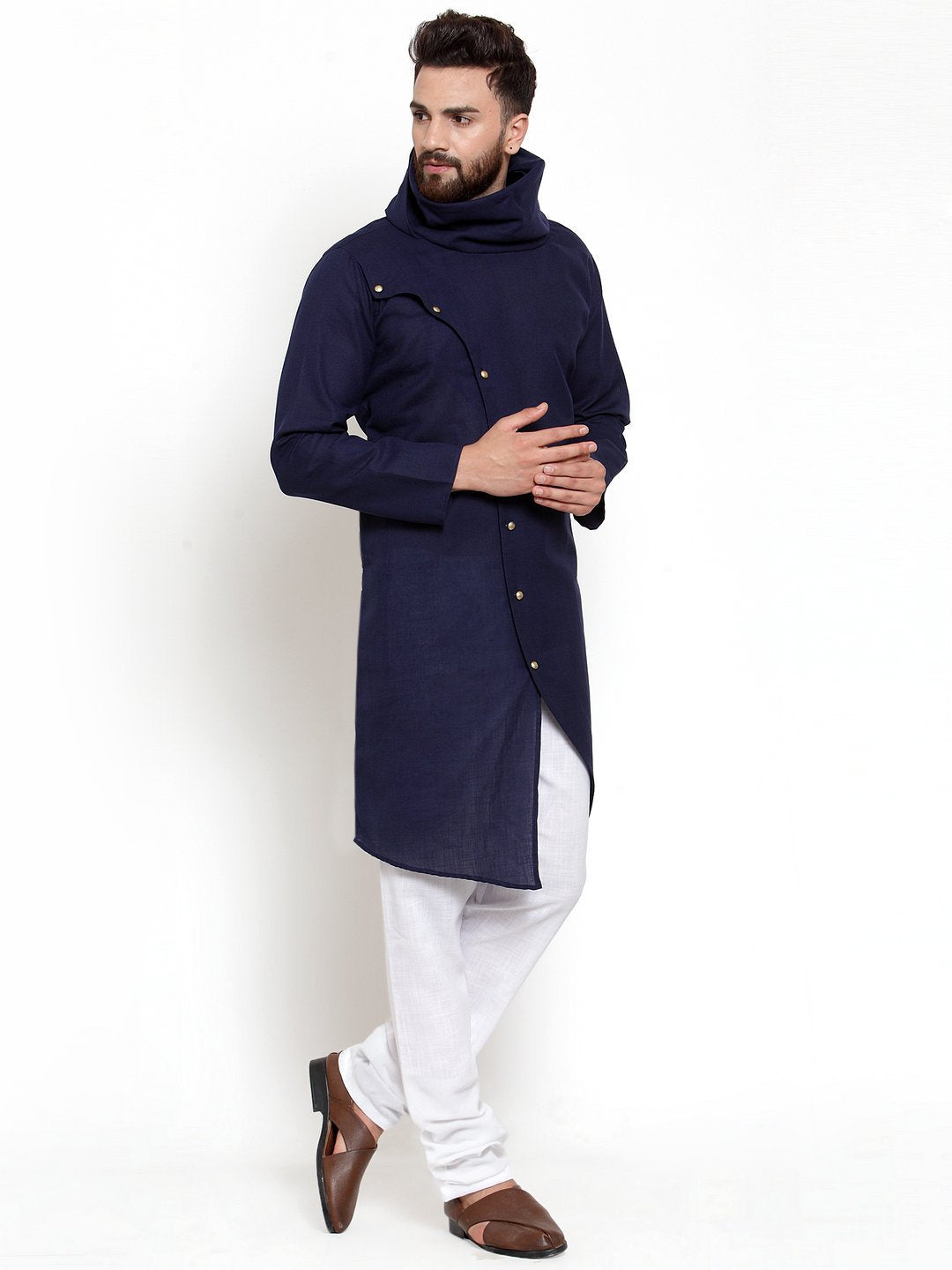 Ensemble pyjama Kurta en coton à col bénitier bleu marine pour homme