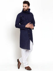 Ensemble pyjama Kurta en coton à col bénitier bleu marine pour homme