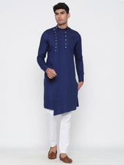 Men's Navy Blue Solid Tunic Cotton Kurta Pajama Set