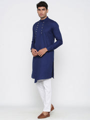 Men's Navy Blue Solid Tunic Cotton Kurta Pajama Set