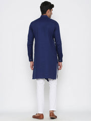 Men's Navy Blue Solid Tunic Cotton Kurta Pajama Set