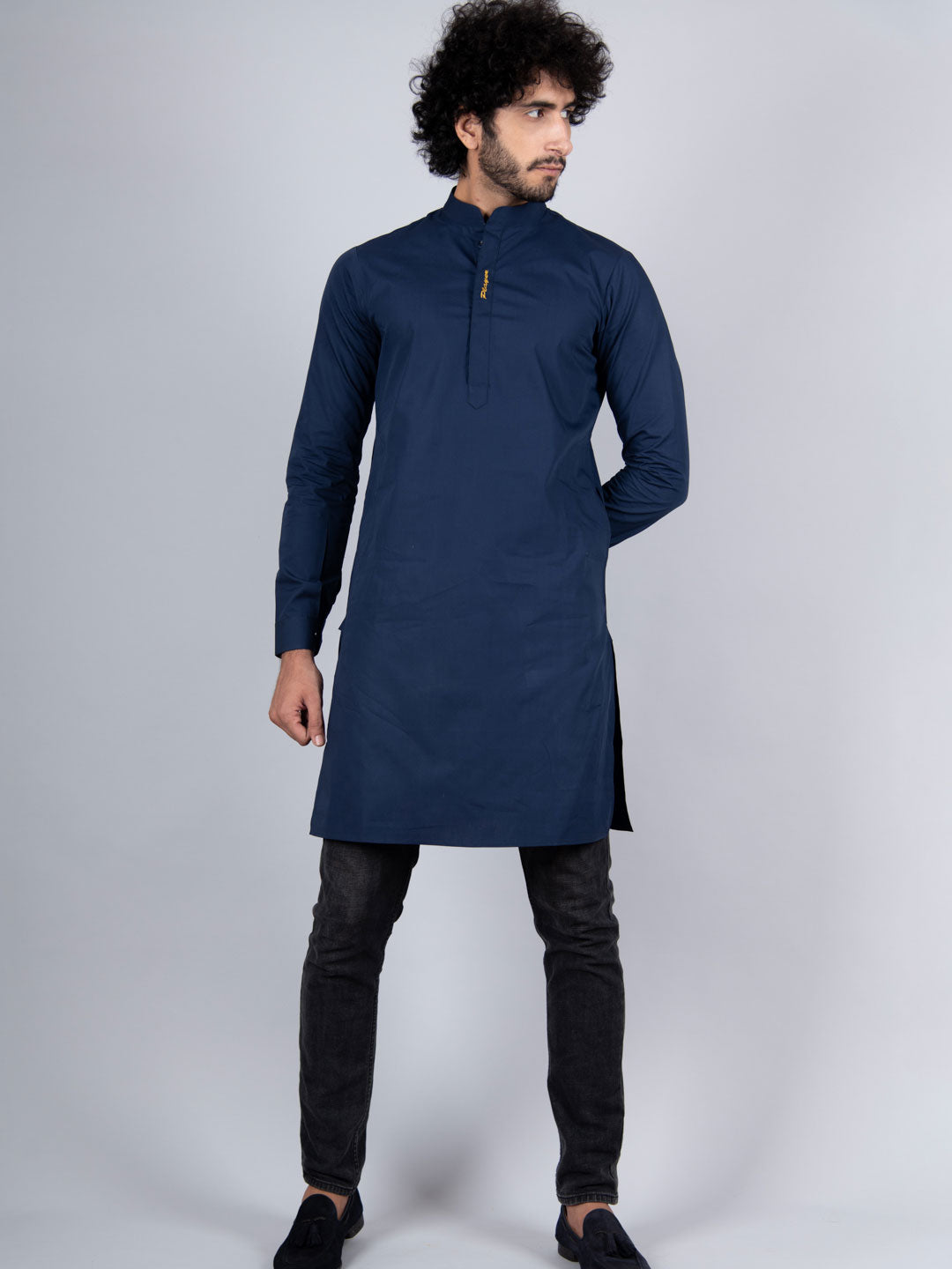 Men's Navy Blue Solid Tunic Cotton Kurta Pajama Set