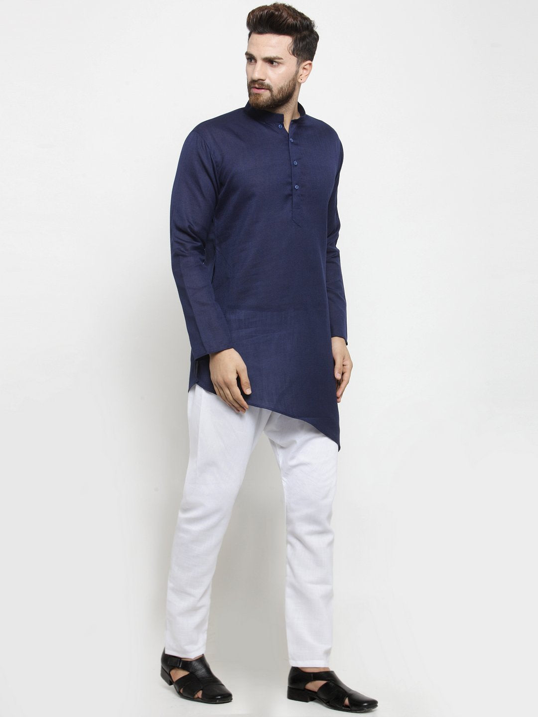 Ensemble pyjama Kurta en coton bleu marine pour homme avec tunique unie