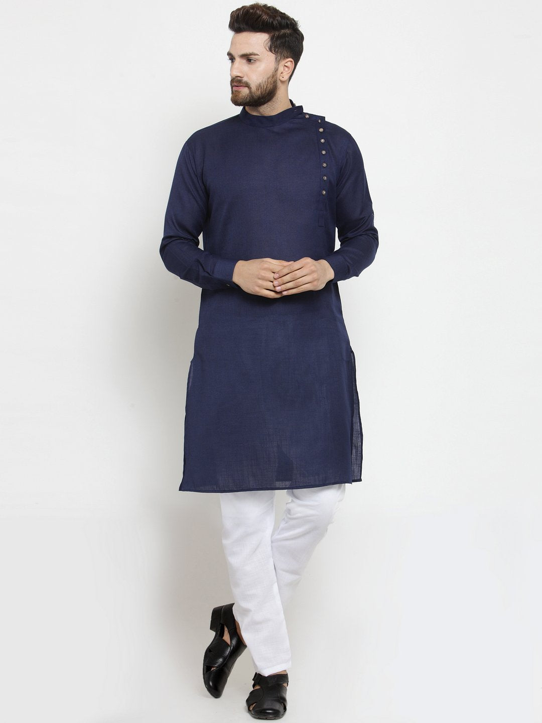 Men's Navy Blue Solid Tunic Cotton Kurta Pajama Set