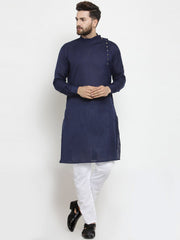 Men's Navy Blue Solid Tunic Cotton Kurta Pajama Set