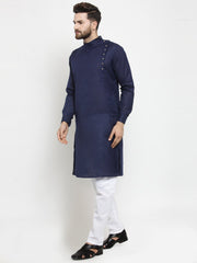 Men's Navy Blue Solid Tunic Cotton Kurta Pajama Set