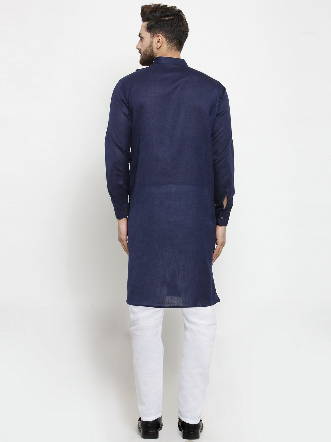 Men's Navy Blue Solid Tunic Cotton Kurta Pajama Set