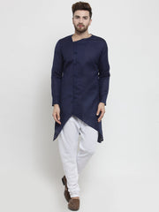 Men's Navy Blue Solid Tunic Cotton Kurta Pajama Set