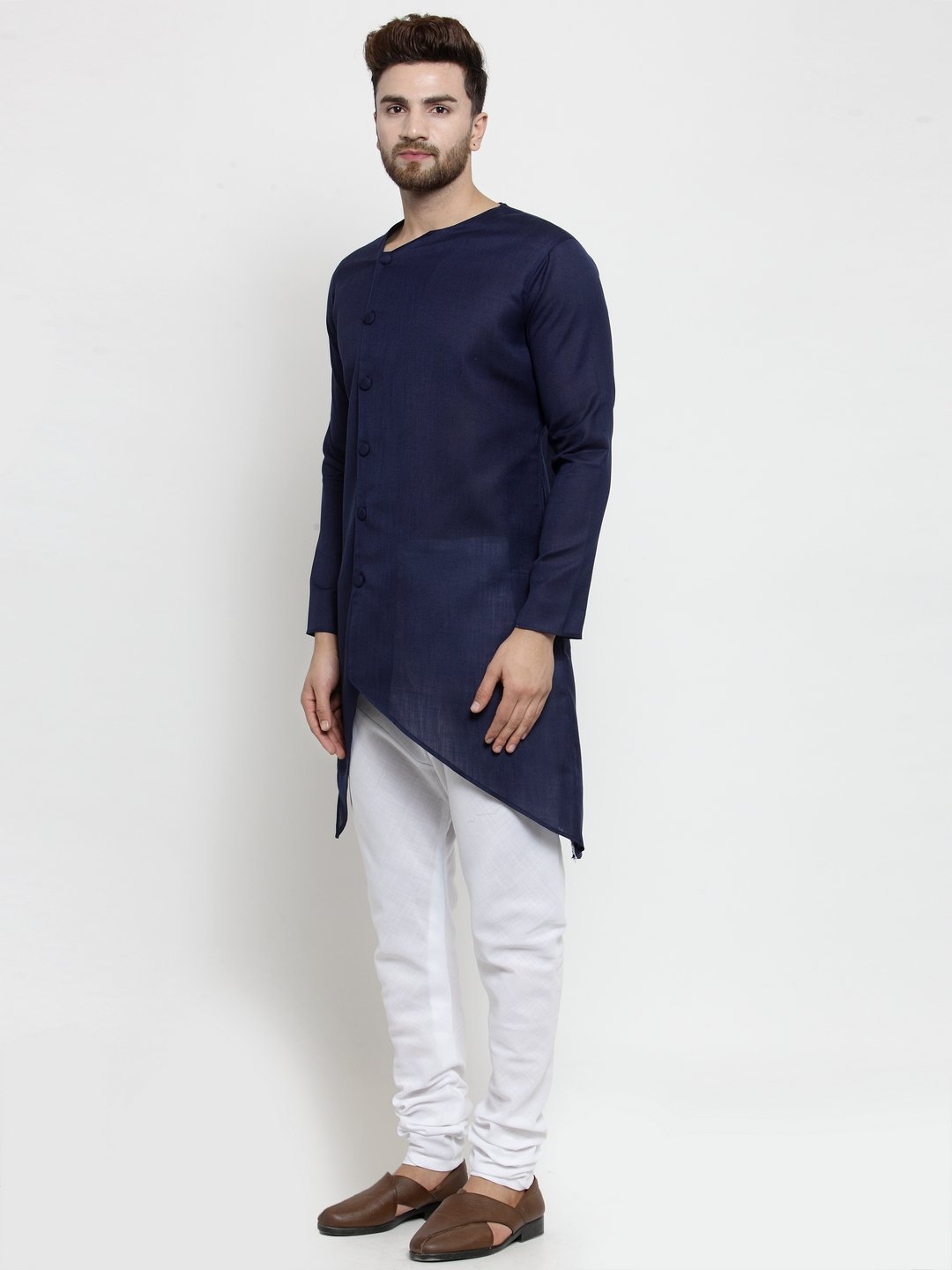 Men's Navy Blue Solid Tunic Cotton Kurta Pajama Set