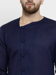 Men's Navy Blue Solid Tunic Cotton Kurta Pajama Set