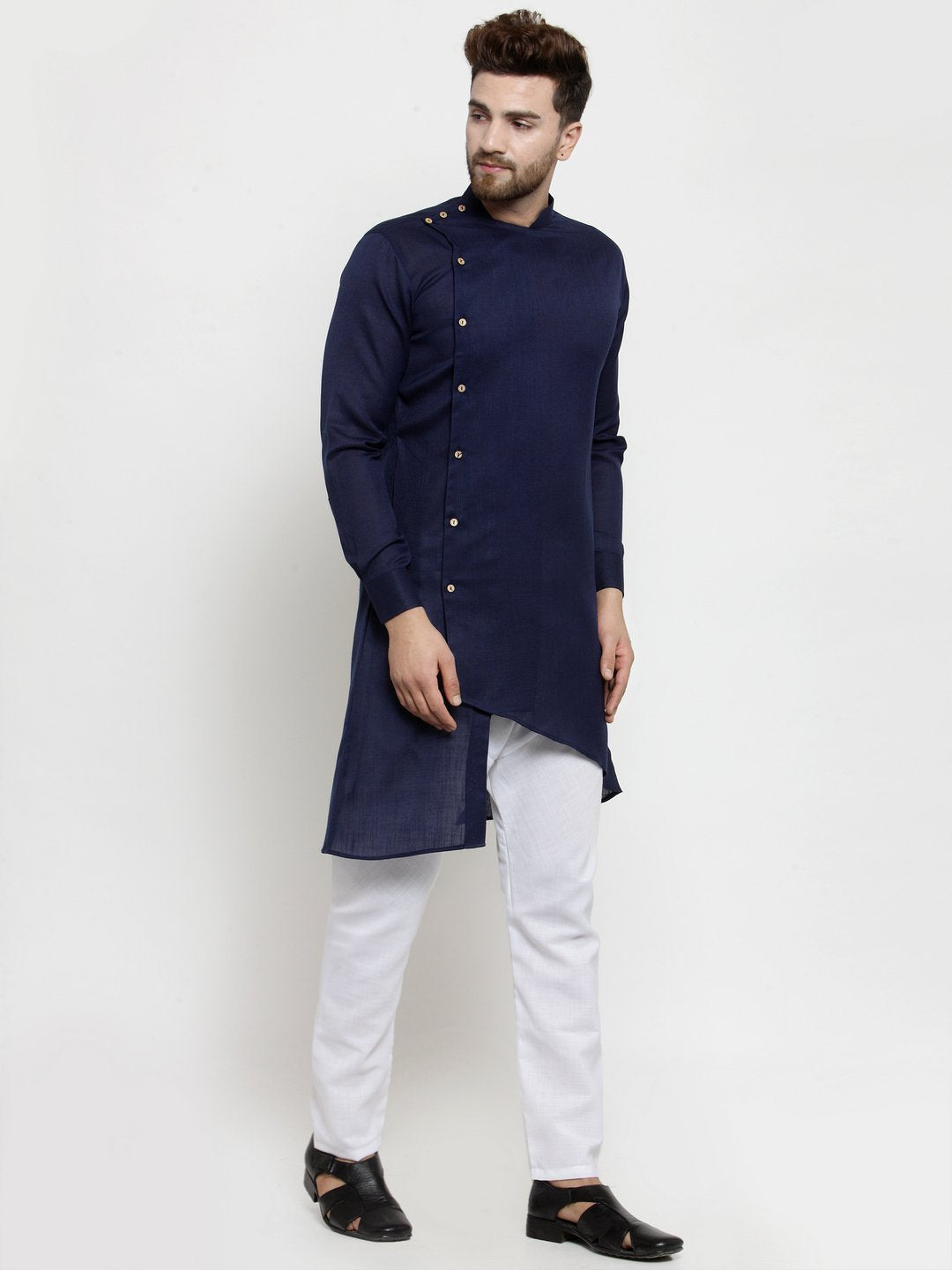 Men's Navy Blue Solid Tunic Cotton Kurta Pajama Set