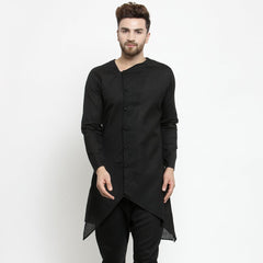 Men's Black Solid Tunic Cotton Kurta Pajama Set