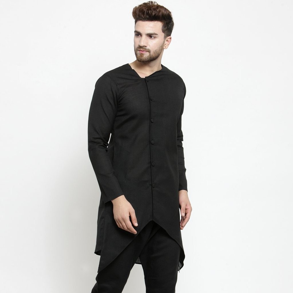 Men's Black Solid Tunic Cotton Kurta Pajama Set