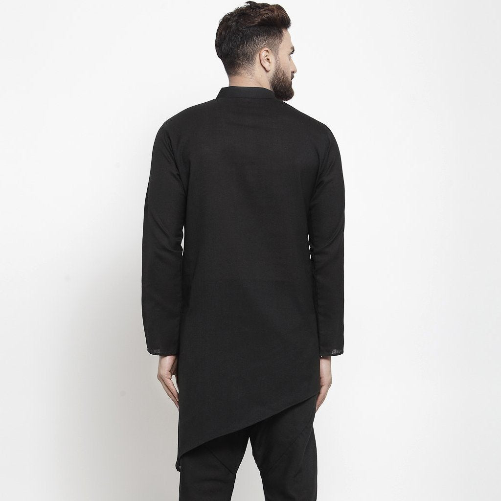 Men's Black Solid Tunic Cotton Kurta Pajama Set