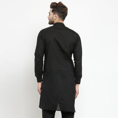 Men's Black Solid Tunic Cotton Kurta Pajama Set