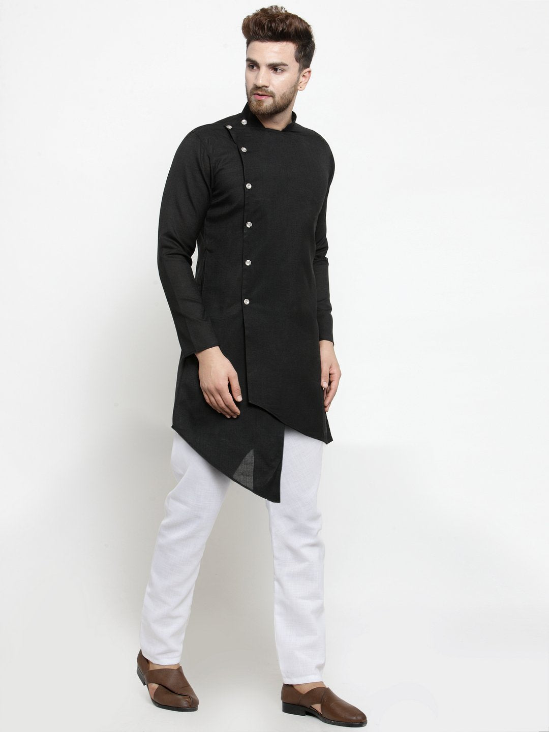 Men's Black Solid Side Button Cotton Kurta Pajama Set