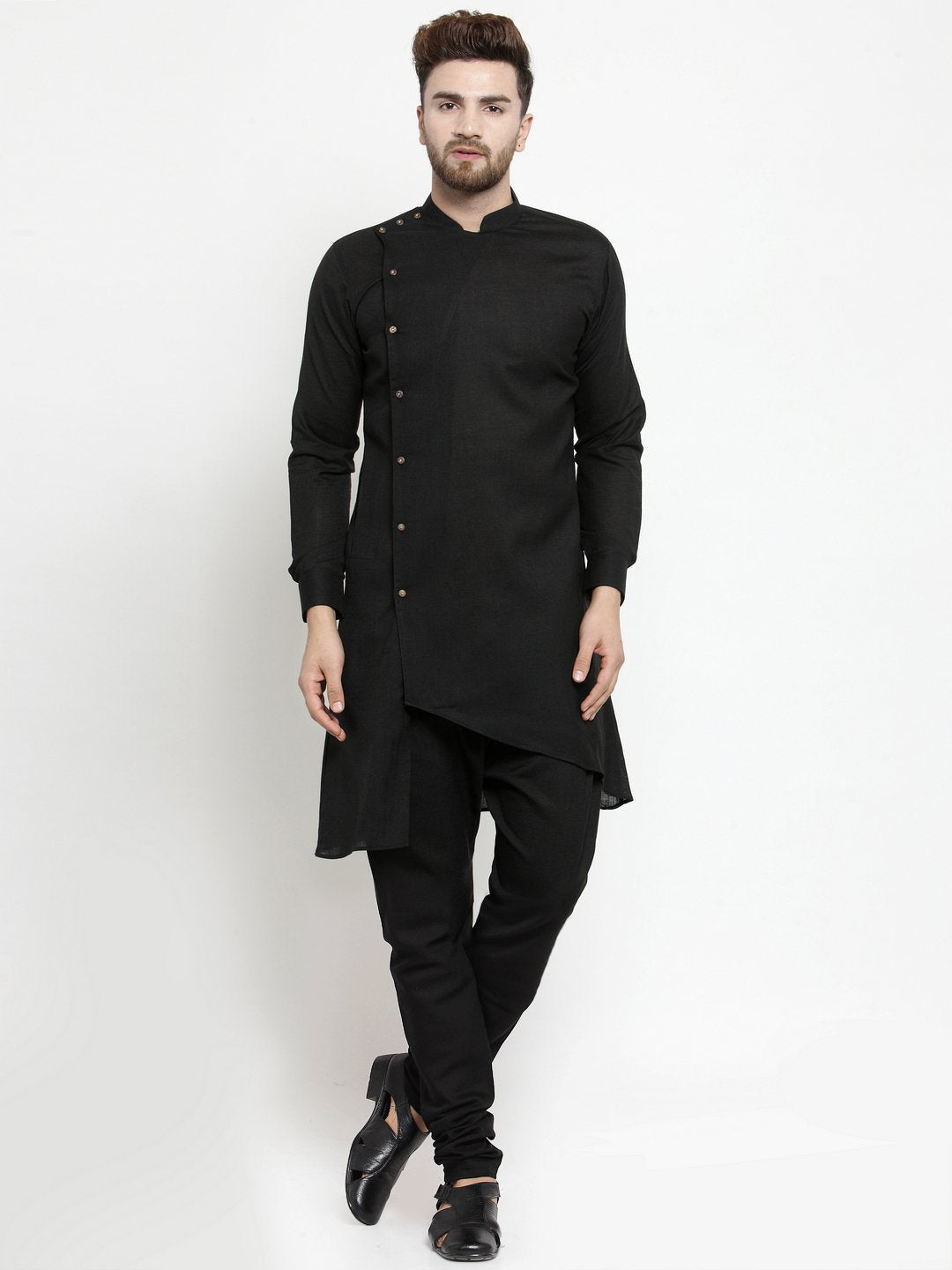 Ensemble pyjama Kurta en coton noir uni à boutons latéraux pour hommes