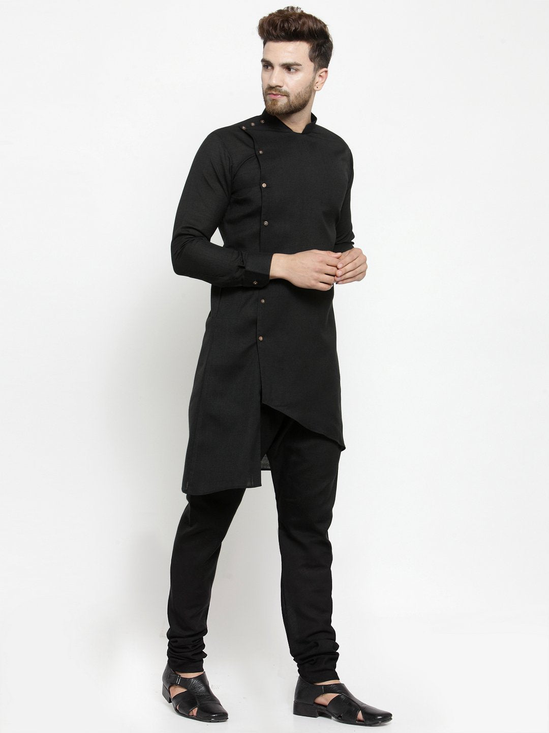 Ensemble pyjama Kurta en coton noir uni à boutons latéraux pour hommes