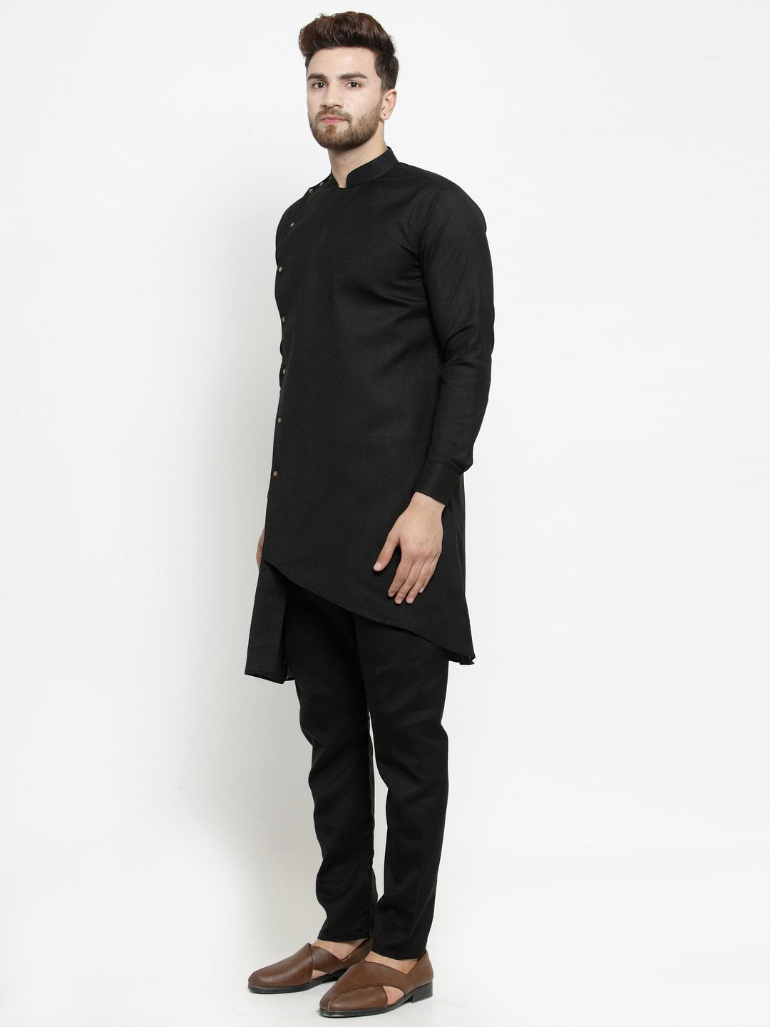 Ensemble pyjama Kurta en coton noir uni à boutons latéraux pour hommes