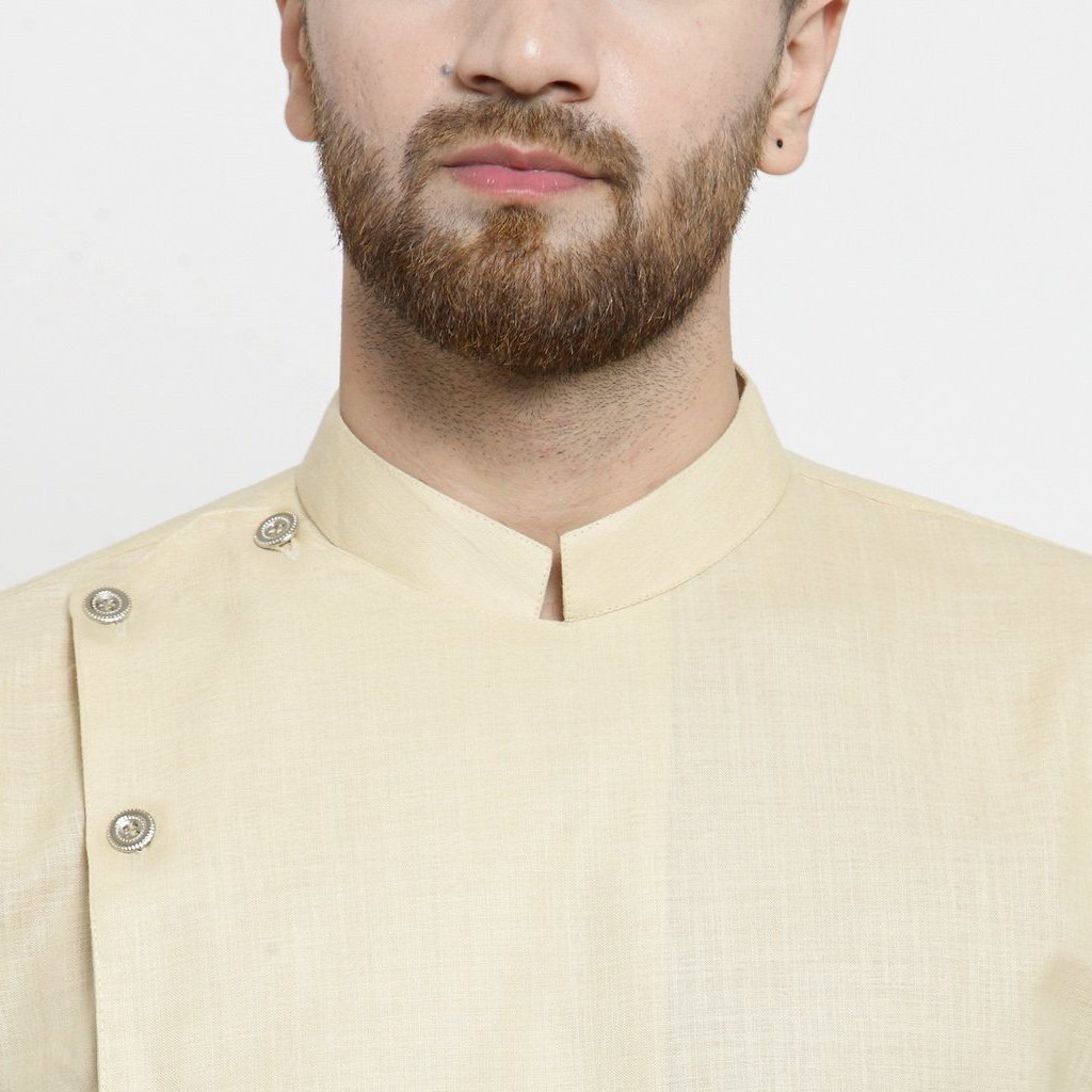 Men's Beige Solid  Cotton Kurta Pajama Set