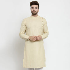 Men's Beige Solid Tunic Cotton Kurta Pajama Set