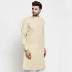 Men's Beige Solid Tunic Cotton Kurta Pajama Set