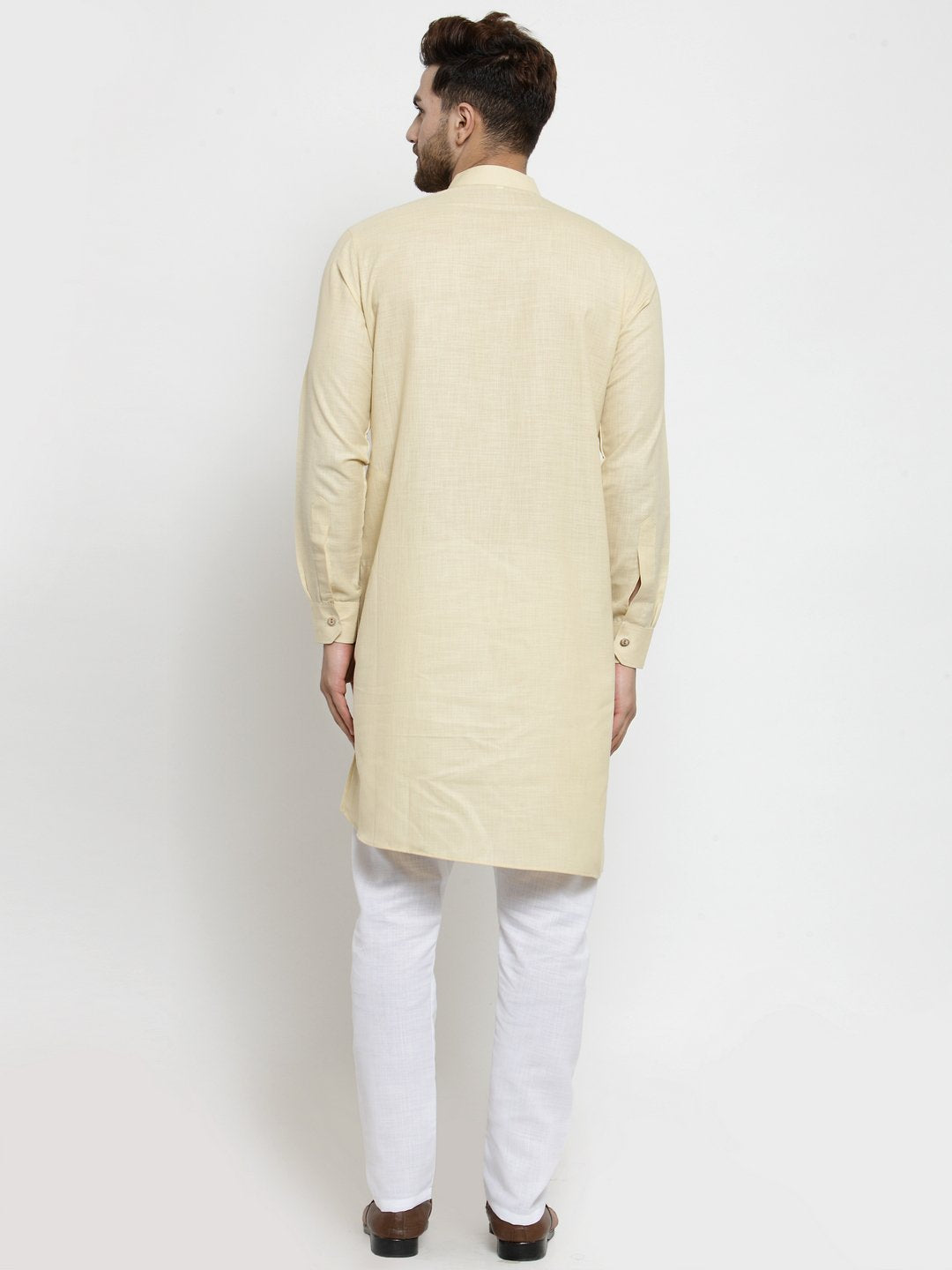 Men's Beige Solid Tunic Cotton Kurta Pajama Set