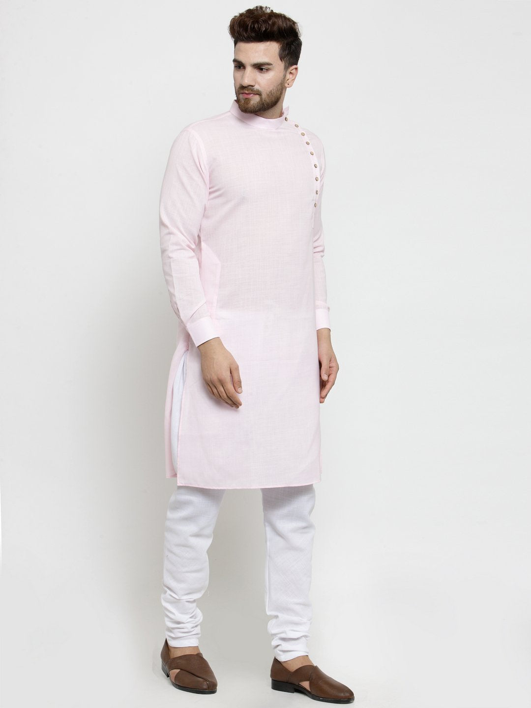 Men's Light Pink Solid Tunic Cotton Kurta Pajama Set