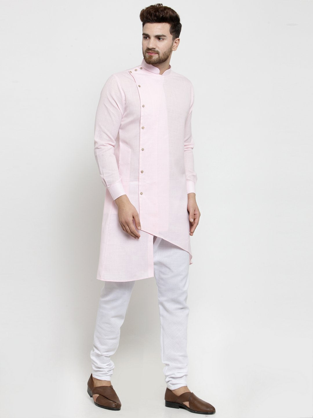 Men's Light Pink Solid Cotton Kurta Pajama Set