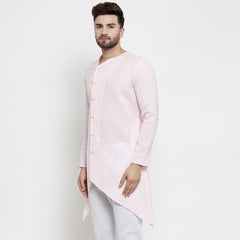 Men's Light Pink Tunic Solid Cotton Kurta Pajama Set