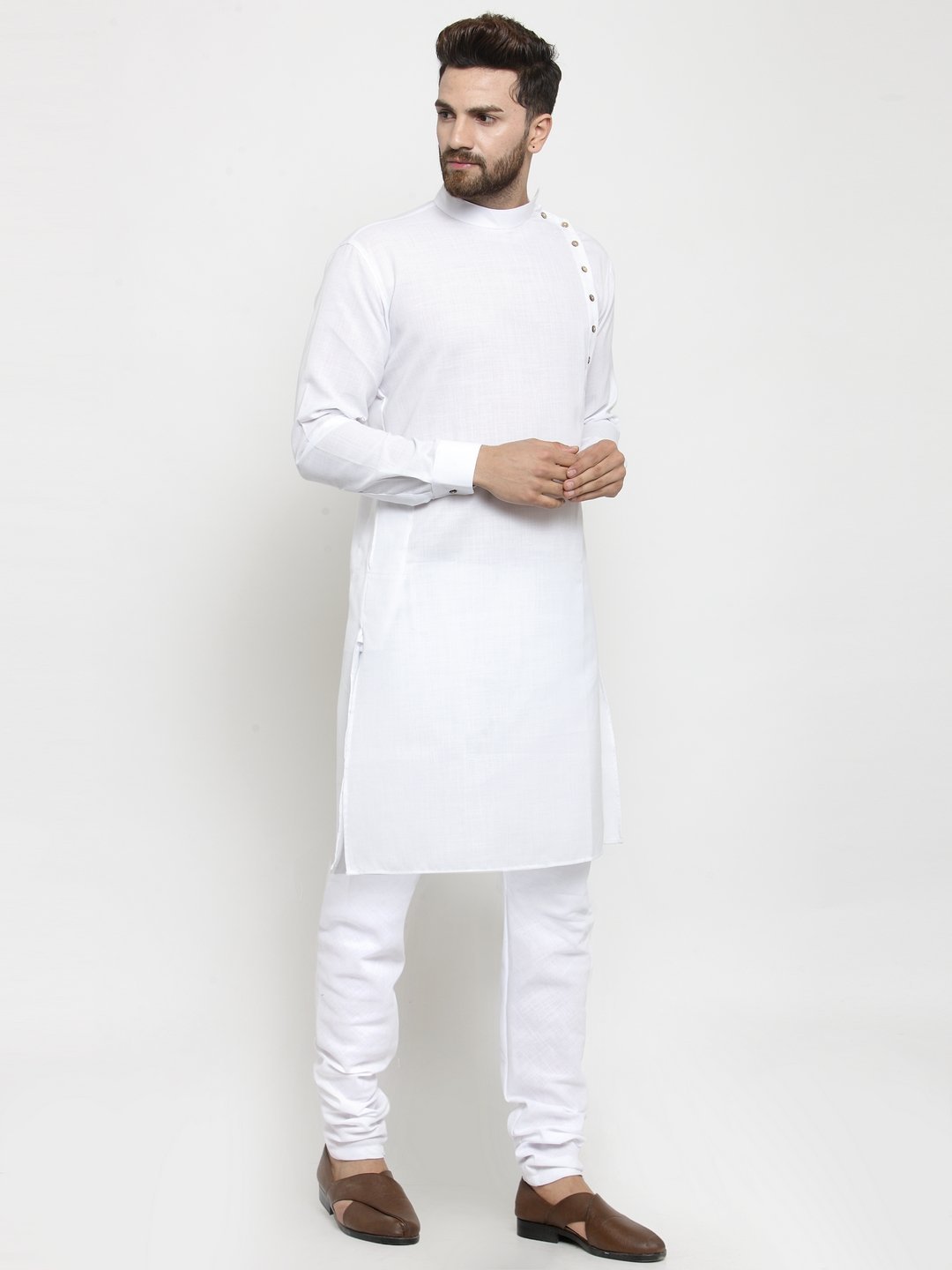 White Tunic Cotton Solid Kurta Pajama Set For Men