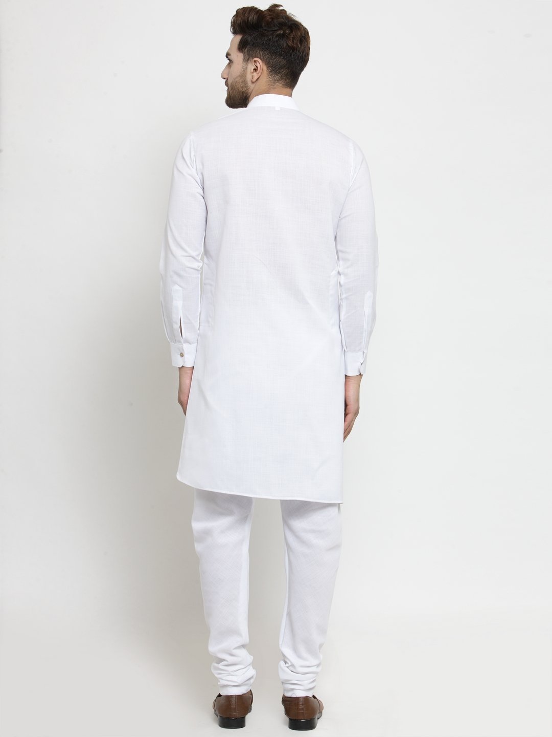 White Tunic Cotton Solid Kurta Pajama Set For Men