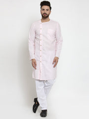 Men's Light Pink Solid Cotton Kurta Pajama Set