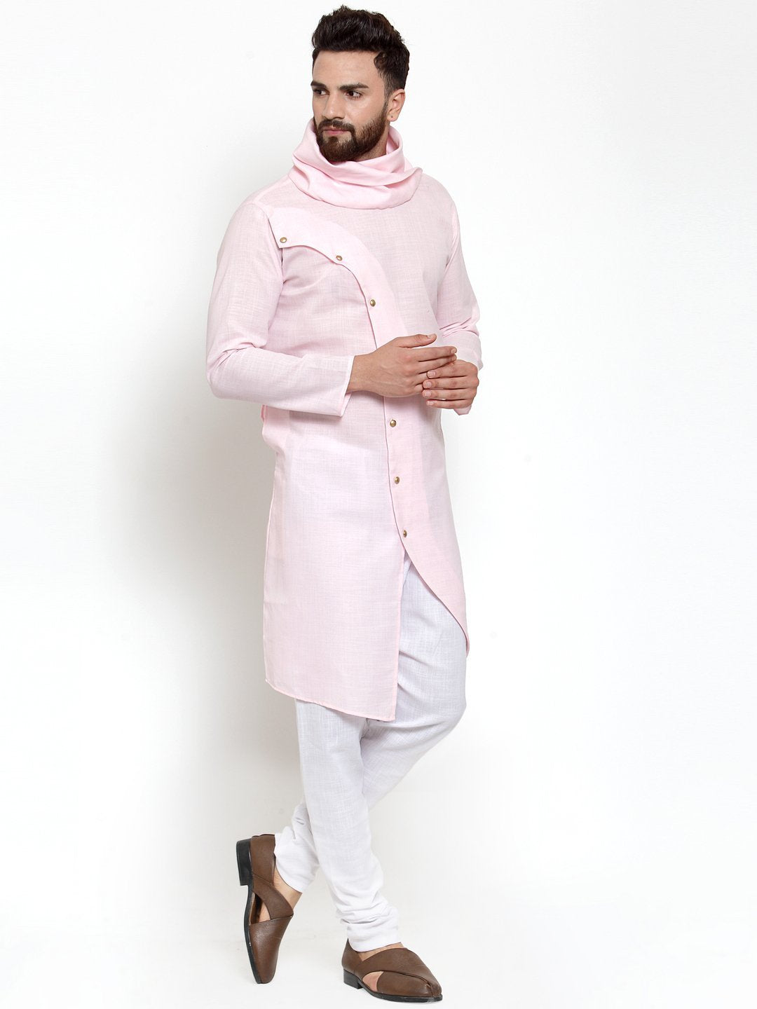 Men's Light Pink Tunic Solid Cotton Kurta Pajama Set