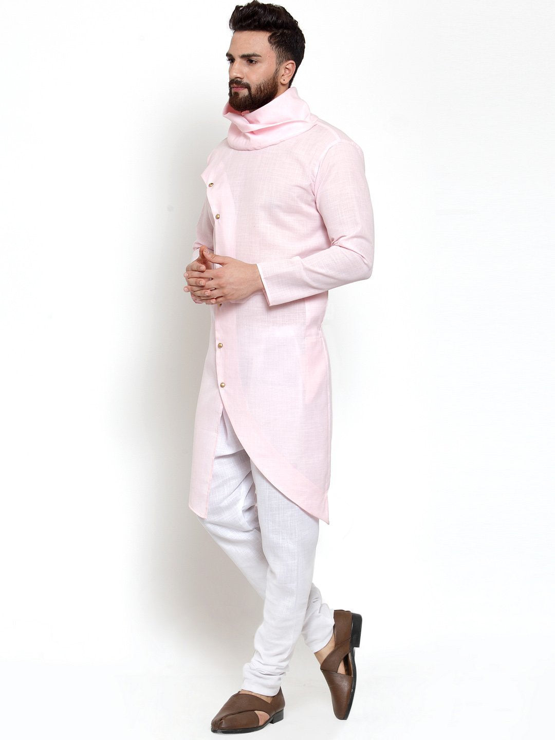 Men's Light Pink Tunic Solid Cotton Kurta Pajama Set