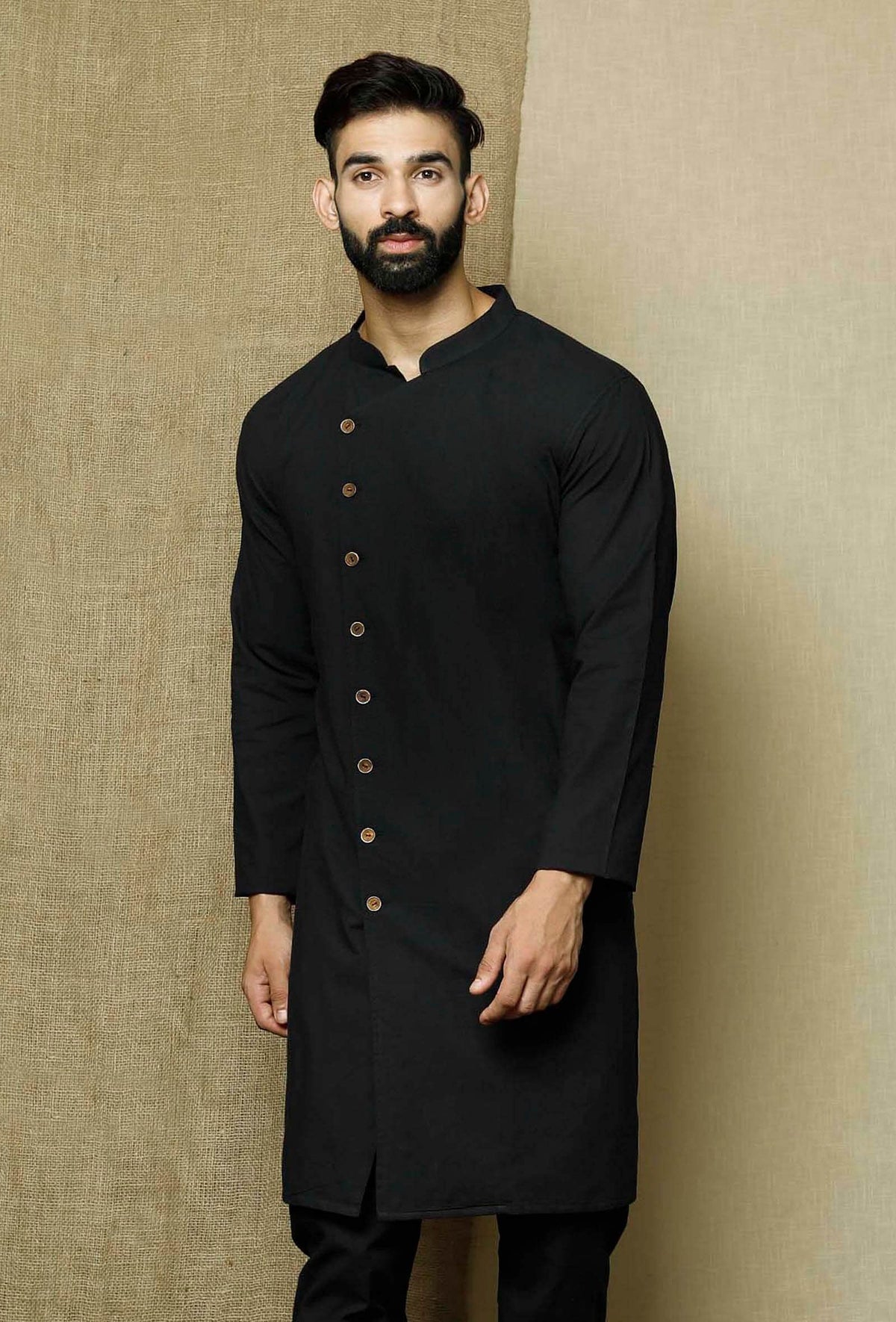 Men's Black Solid Cotton Kurta Pajama Set