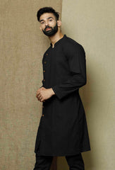 Men's Black Solid Cotton Kurta Pajama Set