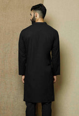 Men's Black Solid Cotton Kurta Pajama Set