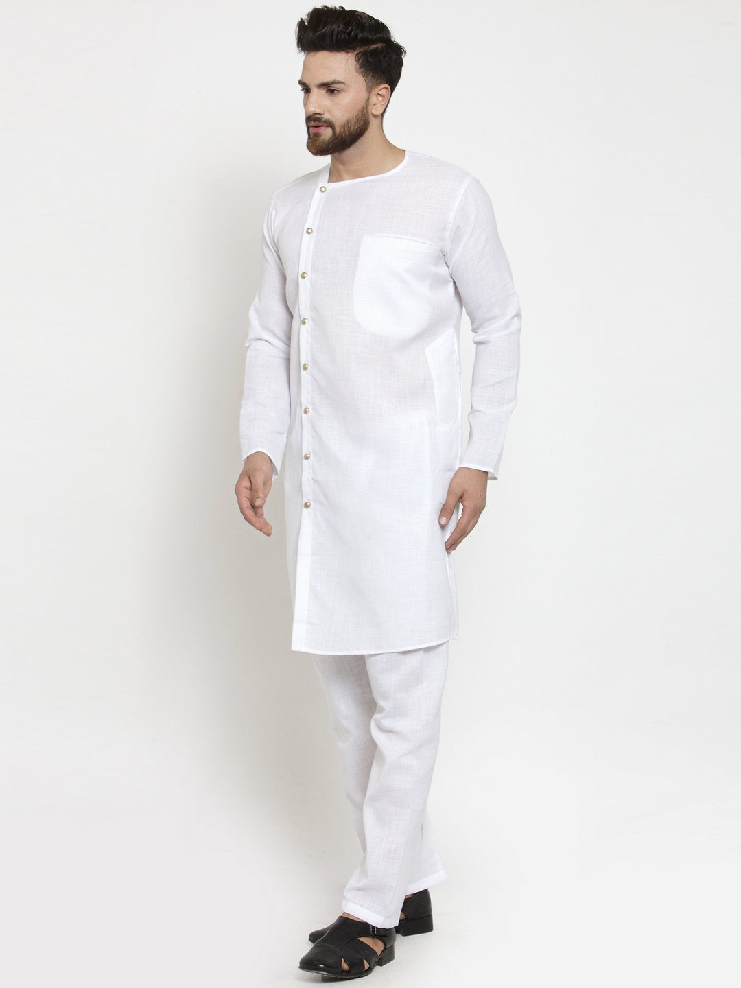 Men's White Solid Cotton Kurta Pajama Set