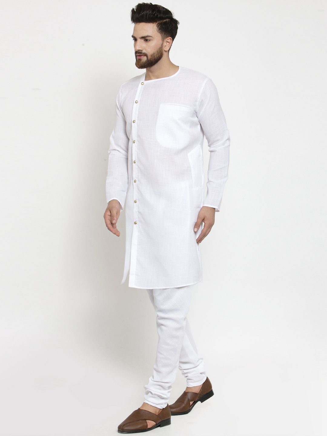 Men's White Solid Cotton Kurta Pajama Set