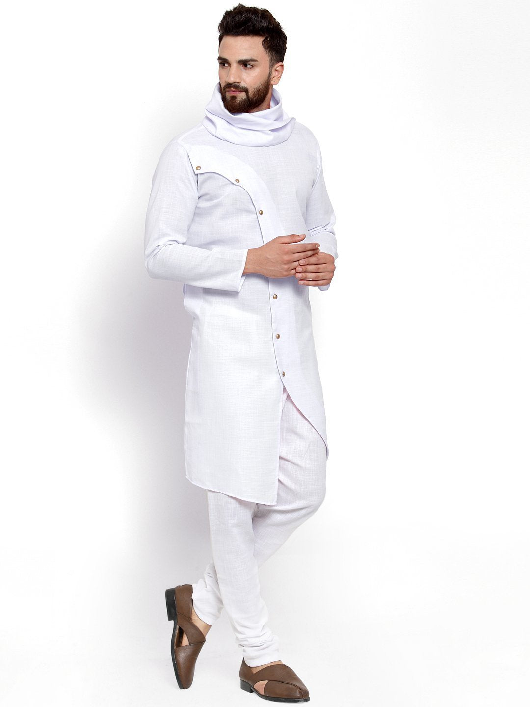 Men's White Solid Tunic Cotton Kurta Pajama Set